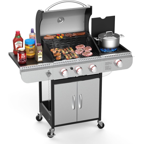 3-Burner Propane Gas Grill with Side Burner,Stainless Steel BBQ Grill with Porcelain-Enameled Cast Iron Grates,37000 BTU Barbecue Grill, Suitable for