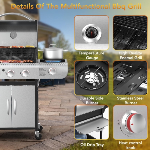 3-Burner Propane Gas Grill with Side Burner,Stainless Steel BBQ Grill with Porcelain-Enameled Cast Iron Grates,37000 BTU Barbecue Grill, Suitable for