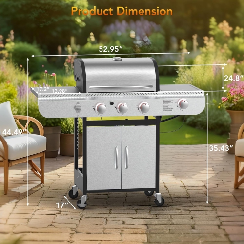 3-Burner Propane Gas Grill with Side Burner,Stainless Steel BBQ Grill with Porcelain-Enameled Cast Iron Grates,37000 BTU Barbecue Grill, Suitable for