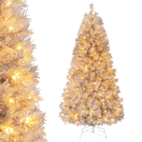 GYMAX  5/6/7 Ft Pre-Lit Artificial Christmas Tree Tinsel Hinged Xmas Tree In Silver