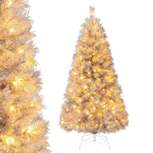 GYMAX  5/6/7 Ft Pre-Lit Artificial Christmas Tree Tinsel Hinged Xmas Tree In Silver