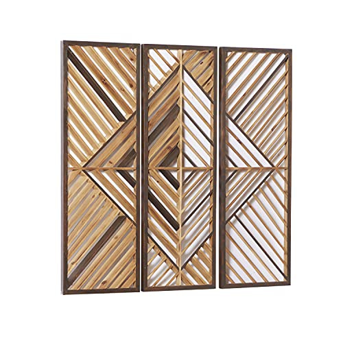 Deco 79 Wood Geometric Slatted Design Wall Decor, Set of 3 12"W, 35"H, Brown