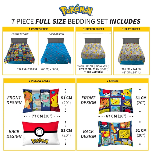 Franco Kids Bedding Super Soft Microfiber Comforter and Sheet Set with Sham, 7 Piece Full Size, Pokemon