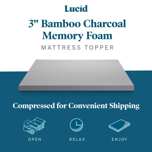 Lucid 3 Inch Bamboo Charcoal Memory Foam Mattress Topper, Queen
