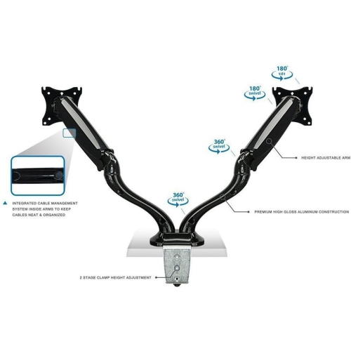 Support de bureau universel à deux bras à ressort à gaz DM-1327&nbsp;deniers de Boost Industries pour moniteurs et téléviseurs à écran plat de 13 à