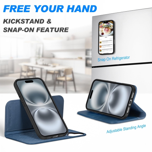 iPhone 16 Plus 6.7-inch, Genuine Leather Detachable Wireless Charging Folio Magnetic Kickstand RFID Blocking Card Slots Cover Compatible with iPhone