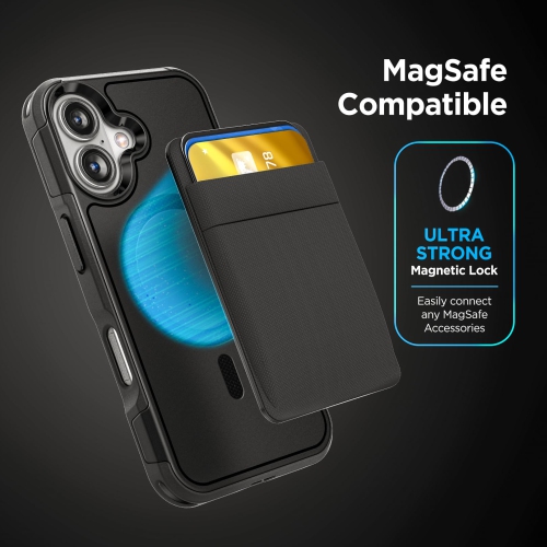 Étui-portefeuille pour iPhone 16 Plus; Couvercle protecteur pour téléphone et porte-carte magnétique élastique robuste (noir)