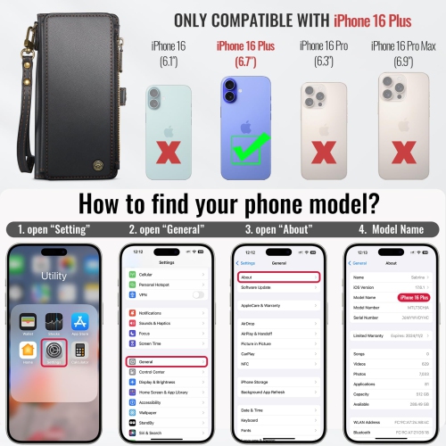 Étui pour iPhone 16 Plus,? Blocage RFID? Pour iPhone 16 Plus Étui portefeuille pour femme homme avec porte-carte, PU cuir fermeture éclair étui