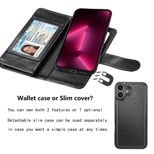 iPhone 16 Plus 6.7" 2024, for iPhone 16 Plus Case, 9 Card Slots PU Leather ID Credit Holder Folio Flip Detachable Kickstand Magnetic Phone Cover &