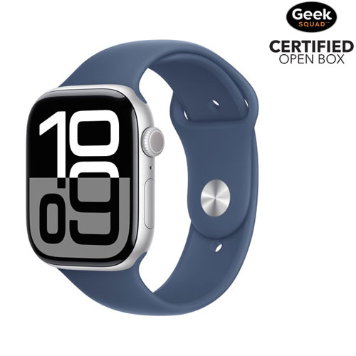 Boîte ouverte - Apple Watch Series 10 de 46 mm avec boîtier en aluminium argenté et bracelet sport denim - Petit/Moyen