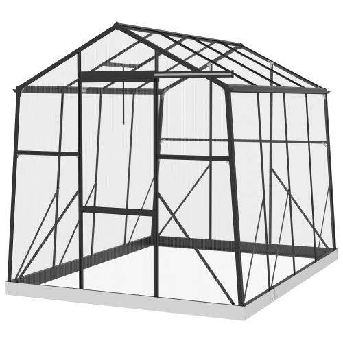 Serre en polycarbonate Outsunny de 6 x 8 pi, maison verte en aluminium renforcé avec porte coulissante, évent de toit, gouttière et trousse de fondat