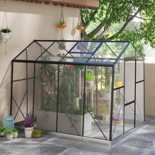 Serre en polycarbonate Outsunny de 6 x 8 pi, maison verte en aluminium renforcé avec porte coulissante, évent de toit, gouttière et trousse de