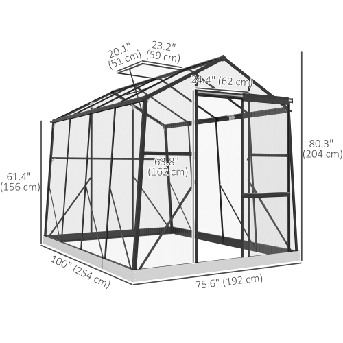 Serre en polycarbonate Outsunny de 6 x 8 pi, maison verte en aluminium renforcé avec porte coulissante, évent de toit, gouttière et trousse de