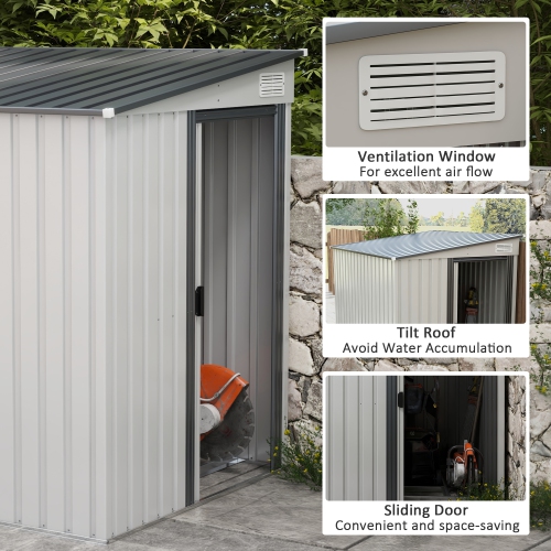 Outsunny 5 x 7FT Lean to Outdoor Storage Shed with Foundation Kit, Metal Garden Shed with Adjustable Shelves, Sliding Door, Vents, Hooks for