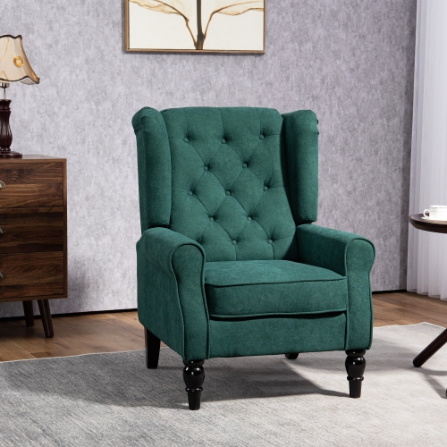 HOMCOM Fabric Accent Chair, Button Tufted Armchair, Upholstered Modern Living Room Chair, Wingback Chair with Wood Legs, Rolled Arms, Thick Padding