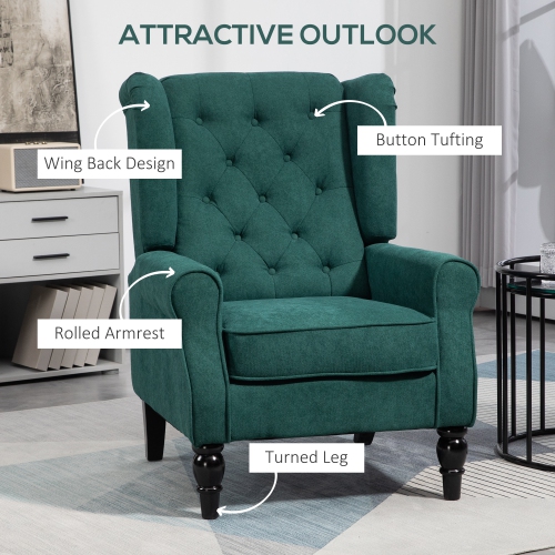 HOMCOM Fabric Accent Chair, Button Tufted Armchair, Upholstered Modern Living Room Chair, Wingback Chair with Wood Legs, Rolled Arms, Thick Padding