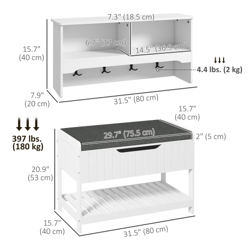 HOMCOM Coat Rack with Shoe Storage Bench, Modern 5-in-1 Hall Tree with 4 Double Hooks, Hidden Compartment and Shelves, Coat Hanger Stand for Hallway,