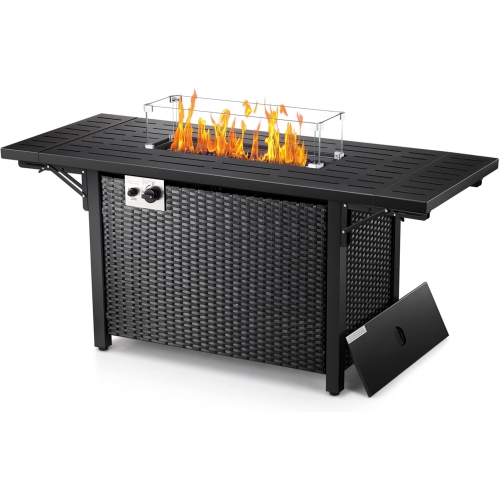 55" Propane Fire Pit Table, Outdoor Gas Fire Pit Table with Glass Stone, Wind Cover, Lid, 50000 BTU, Imitation Rattan Weave Texture Fire Pit Table fo