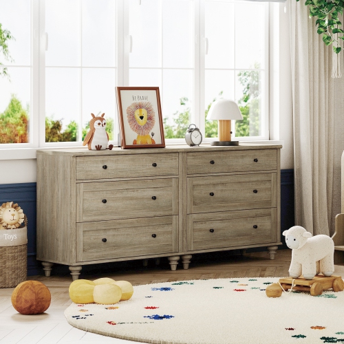 WAMPAT  Dresser for Bedroom \w 6 Drawers Kids Dressers \w Wide Chest Of Drawers, Wooden Closet Storage Organizer, Large Wood Dressers for Living