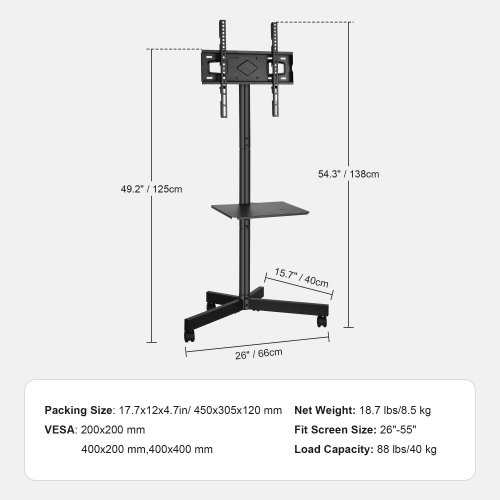 TV Stand Cart for 26"-60" Screens, Mobile TV Floor Stand with Laptop Tray Hold up to 88lbs and Max VESA 400x400mm