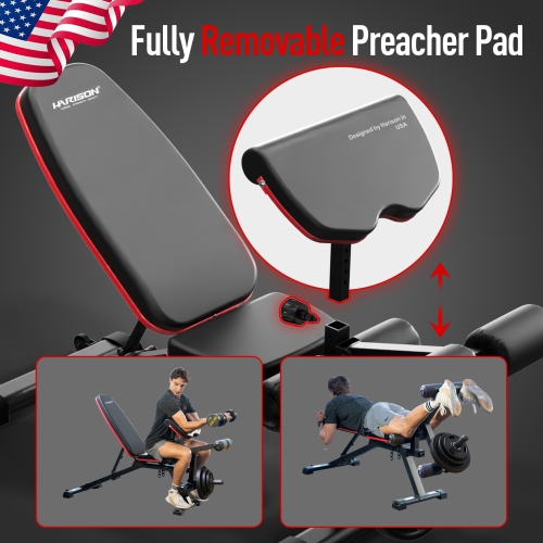 Banc de musculation ajustable de HARISON avec extension des jambes et coussin de flexion, banc d'exercice incliné plat pour entraînement à domicile