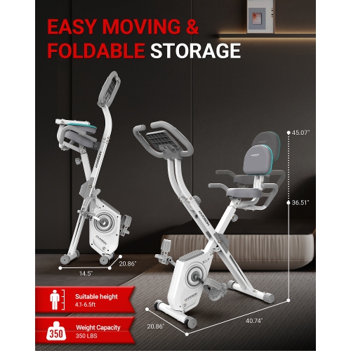 HARISON Foldable Exercise Bike with Arm Resistance Bands 350 LBS Capacity, 5 in 1 Magnetic Stationary Bikes for Home with 16-Level Resistance and