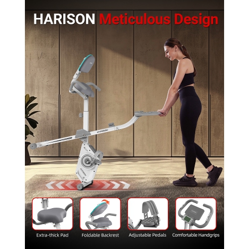 HARISON Foldable Exercise Bike with Arm Resistance Bands 350 LBS Capacity, 5 in 1 Magnetic Stationary Bikes for Home with 16-Level Resistance and