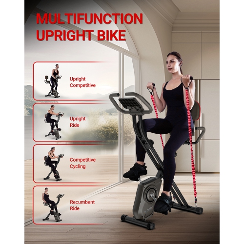 HARISON Foldable Exercise Bike with Arm Resistance Bands 350 LBS Capacity, 5 in 1 Magnetic Stationary Bikes for Home with 16-Level Resistance and