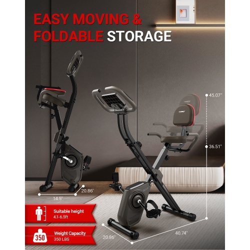 HARISON Foldable Exercise Bike with Arm Resistance Bands 350 LBS Capacity, 5 in 1 Magnetic Stationary Bikes for Home with 16-Level Resistance and