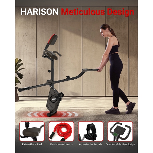 HARISON Foldable Exercise Bike with Arm Resistance Bands 350 LBS Capacity, 5 in 1 Magnetic Stationary Bikes for Home with 16-Level Resistance and