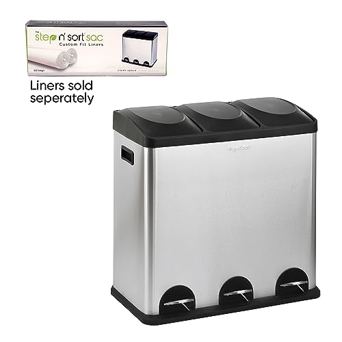 Le paquet Step N' Sort de 16 gallons Poubelle et bac de recyclage en acier inoxydable à 3 compartiments