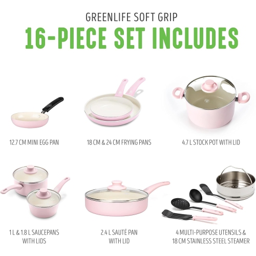 GreenLife Soft Grip Healthy Ceramic Nonstick, 16 Piece Cookware Pots and Pans Set, PFAS-Free, Dishwasher Safe, Soft Pink
