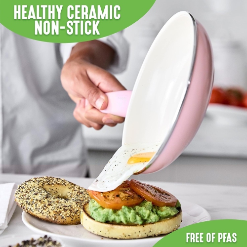 GreenLife Soft Grip Healthy Ceramic Nonstick, 16 Piece Cookware Pots and Pans Set, PFAS-Free, Dishwasher Safe, Soft Pink