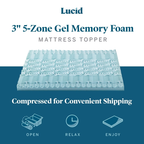 Lucid – Surmatelas moelleux en mousse à mémoire en gel de 3&nbsp;po – Zones circonvoluées rafraîchissantes ciblées, très grand lit