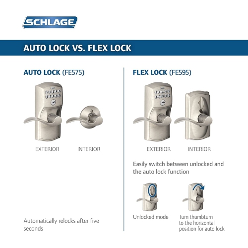 Cadenas à clavier Schlage FE575 CAM 619 ACC Camelot avec levier Accent, verrouillage automatique, entrée électronique sans clé, nickel satiné