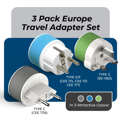 OREI 3 Pack European Travel Adapter Set-Safe, Grounded, Compact for Travel