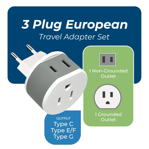 OREI 3 Pack European Travel Adapter Set-Safe, Grounded, Compact for Travel