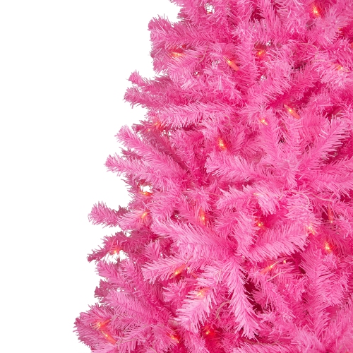 Pre-Lit Medium Artificial Pine Christmas Tree - 7' - Pink - Clear Lights