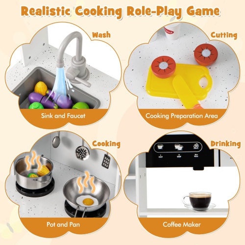 Costway Pretend Play Kitchen for Kids Toddler Aged 3+ Wooden Toy Set with Range Hood