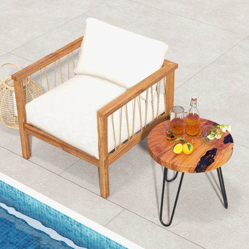 Costway 20" Round Teak Wood End Table Solid Live Edge Outdoor Side Table with Metal Frame