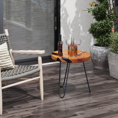 Costway 20" Round Teak Wood End Table Solid Live Edge Outdoor Side Table with Metal Frame