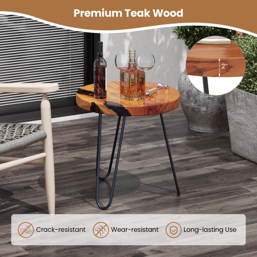 Costway 20" Round Teak Wood End Table Solid Live Edge Outdoor Side Table with Metal Frame