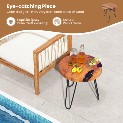 Costway 20" Round Teak Wood End Table Solid Live Edge Outdoor Side Table with Metal Frame