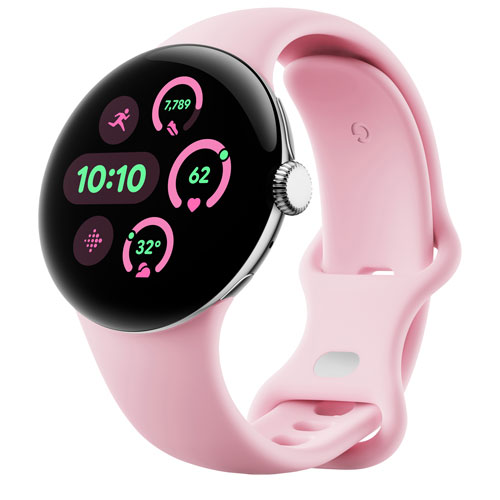 Koodo Google Pixel Watch 3 41mm LTE Polished Silver Aluminum Case w/Rose Quartz Active Band - Monthly Tab Payment