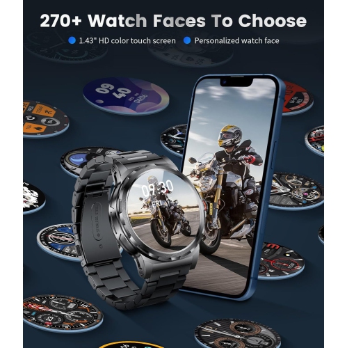 TUTT pour montre intelligente écran AMOLED HD boîtier métallique pour hommes | 1,43&nbsp;po militaire robuste IP68 Étanche | Santé et mise en forme