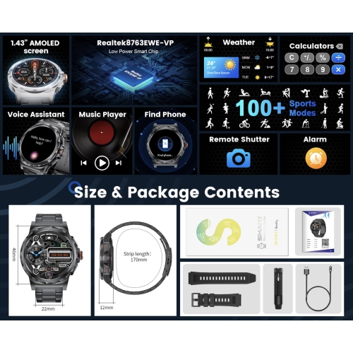 TUTT Military Rugged Smartwatch for Men AMOLED HD Screen Metal Case | 1.43'' HD IP68 Waterproof | Health and Fitness Smart Watch | SL6 LIGE | Rubber