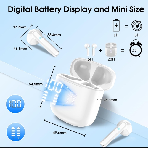 Mini Bluetooth 5.3 Wireless Earbuds, Headphones HiFi Stereo, Noise Cancelling Mic Wireless Earphones 25H Playtime, Touch Control Waterproof Wireless