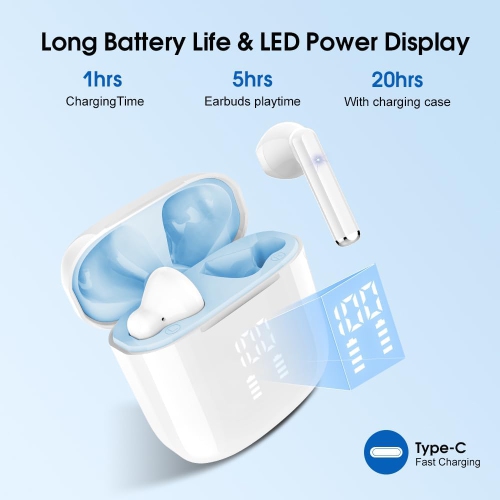 Mini Bluetooth 5.3 Wireless Earbuds, Headphones HiFi Stereo, Noise Cancelling Mic Wireless Earphones 25H Playtime, Touch Control Waterproof Wireless