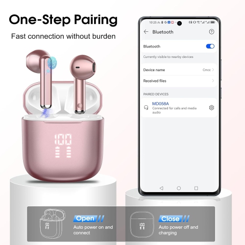 Mini Bluetooth 5.3 Wireless Earbuds, Headphones HiFi Stereo, Noise Cancelling Mic Wireless Earphones 25H Playtime, Touch Control Waterproof Wireless