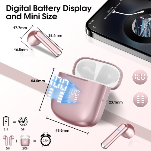 Mini Bluetooth 5.3 Wireless Earbuds, Headphones HiFi Stereo, Noise Cancelling Mic Wireless Earphones 25H Playtime, Touch Control Waterproof Wireless